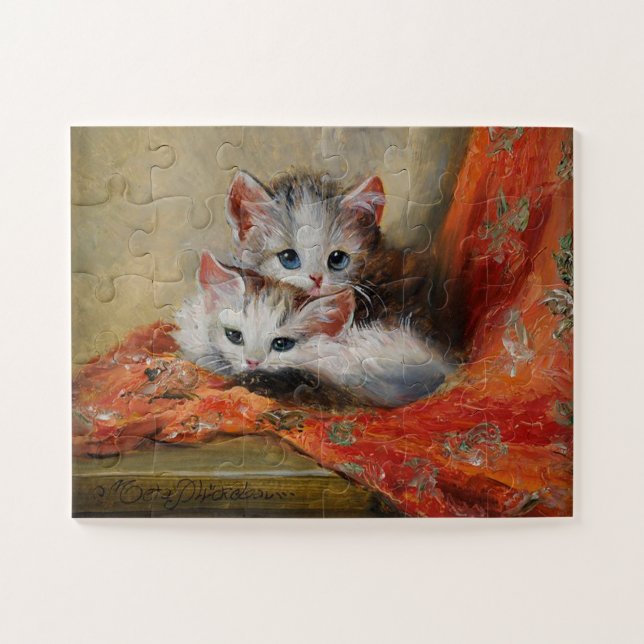 Vintage Meta Plückebaums Niedliche Katzenölmalerei Puzzle (Horizontal)