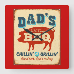 Vintage-Metallschild - Dads BBQ Quadratische Wanduhr