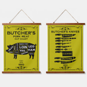 Vintage Metzger Schweinefleisch Schnitt Wandteppich Mit Holzrahmen