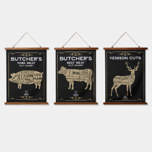Vintage Metzger Set Fleisch schneiden Wandteppich Mit Holzrahmen