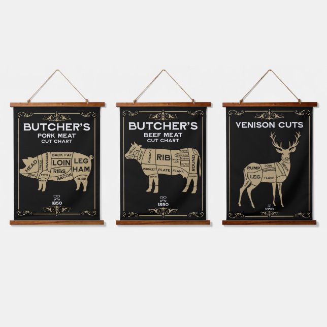Vintage Metzger Set Fleisch schneiden Wandteppich Mit Holzrahmen (Dreifach)