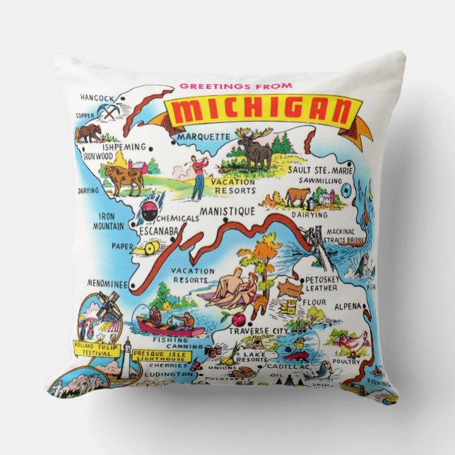 Vintage Michigan Greetings Map Kissen (Vorderseite)