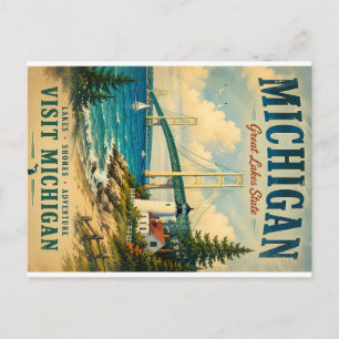 Vintage Michigan-Reiseposter mit Great Lakes Sh Feiertagspostkarte