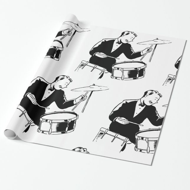 Vintage Mid-Century Schlagzeuger Jazz-Percussion Geschenkpapier (Ungerollt)