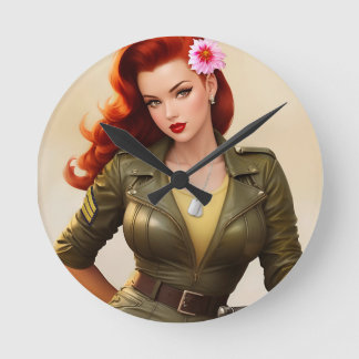 Vintage Militär-Pinup-Wanduhr Runde Wanduhr