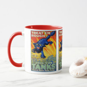 Vintage Militärmilitärwerbung mit einer Wildkatze Tasse