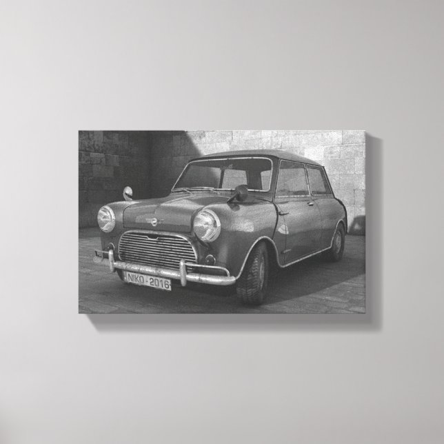 Vintage Mini Cooper Schwarzweiß-Retro-Leinwand Leinwanddruck (Vorderseite)