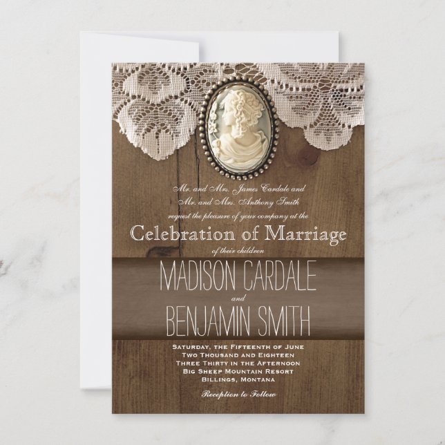 Vintage Miniatur-Broschen-Spitze-hölzerne Einladung (Vorderseite)