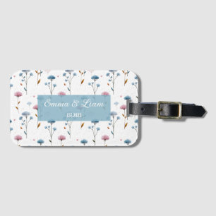 Vintage Minimal Blau und Rosa Floral Personalisier Gepäckanhänger