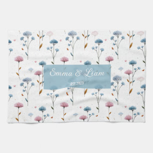 Vintage Minimal Blau und Rosa Floral Personalisier Geschirrtuch