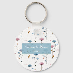 Vintage Minimal Blau und Rosa Floral Personalisier Schlüsselanhänger