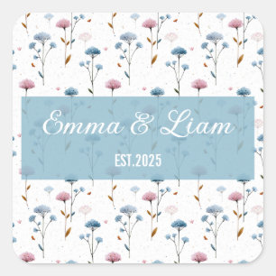 Vintage Minimal Blau und Rosa Florales Personalisi Quadratischer Aufkleber