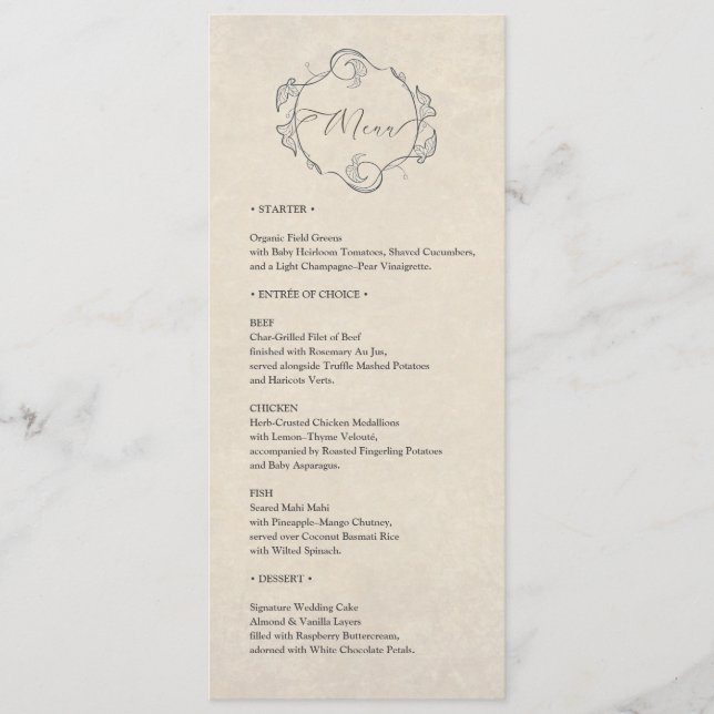 Vintage-minimalistische Hochzeitsdinner-Menükarte Programm (Vorderseite)