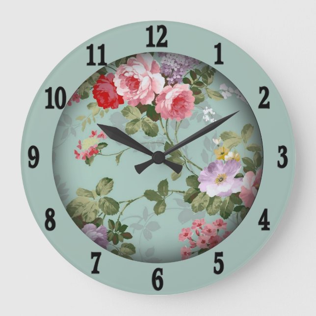 Vintage Mint Green Floral Design Large Clock Große Wanduhr (Vorderseite)