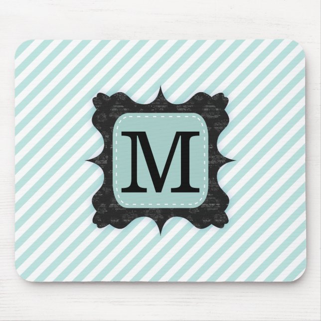Vintage Mint Green Stripes Pattern Black Monogram Mousepad (Vorne)