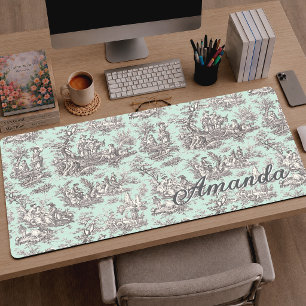 Vintage-Mintgrau-Französisches-Toile-de-Jouy-Monog Schreibtischunterlage