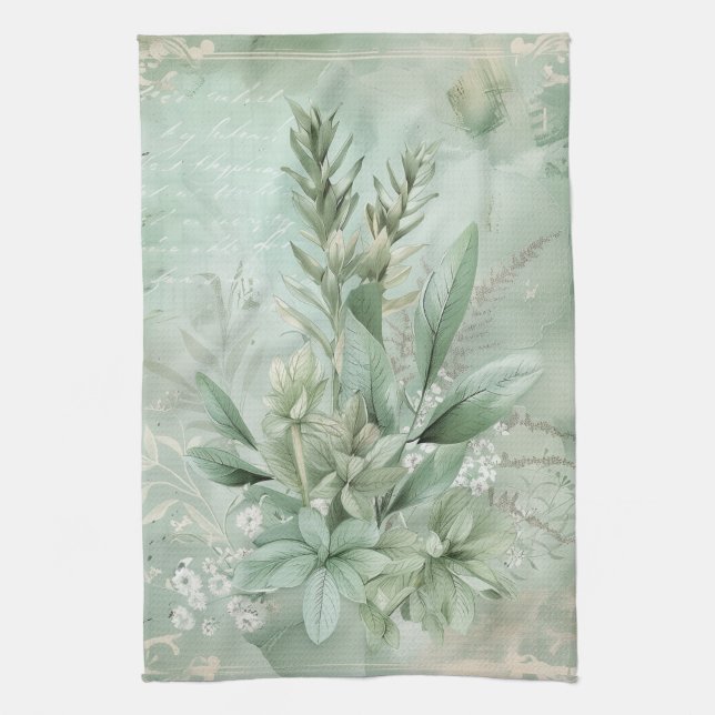 Vintage-Mintgrün Botanisch Floral (1) Geschirrtuch (Vertikal)