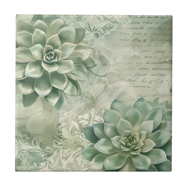 Vintage-Mintgrün Botanisch Floral (2) Fliese (Vorderseite)