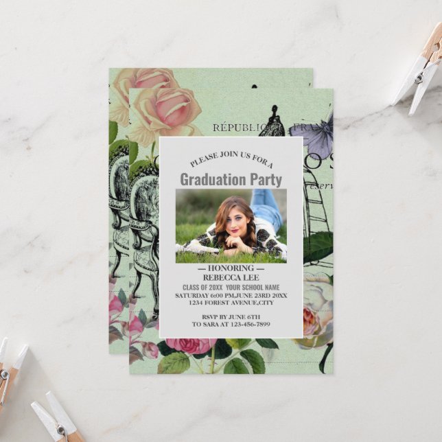 Vintage Minze Französisch Rosa Rose Paris Party Einladung (Vorderseite/Rückseite Beispiel)