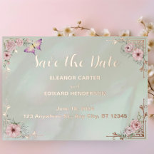 Vintage Minze Peony Wedding Foil Save the Date Kar