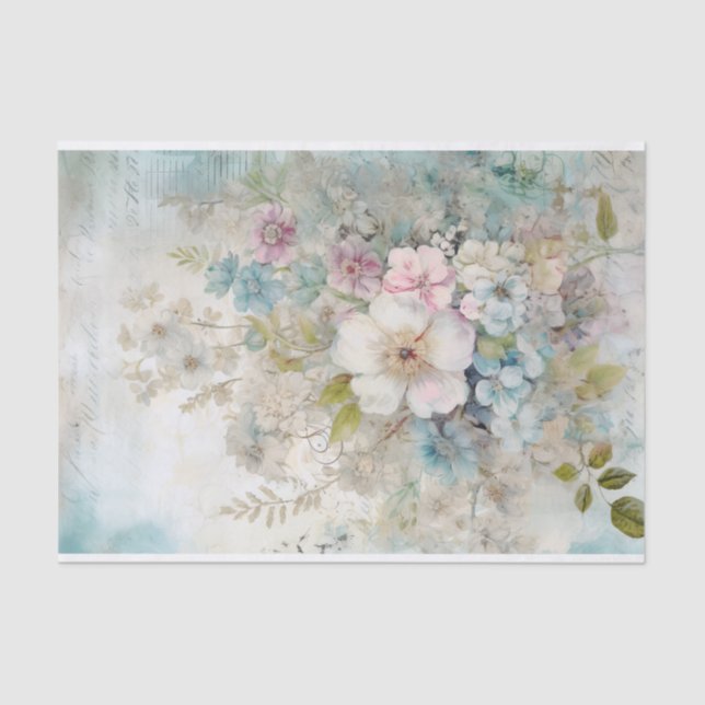 Vintage Mischmedien Blau, Rosa, Weiße Blume Seidenpapier (Vorderseite)