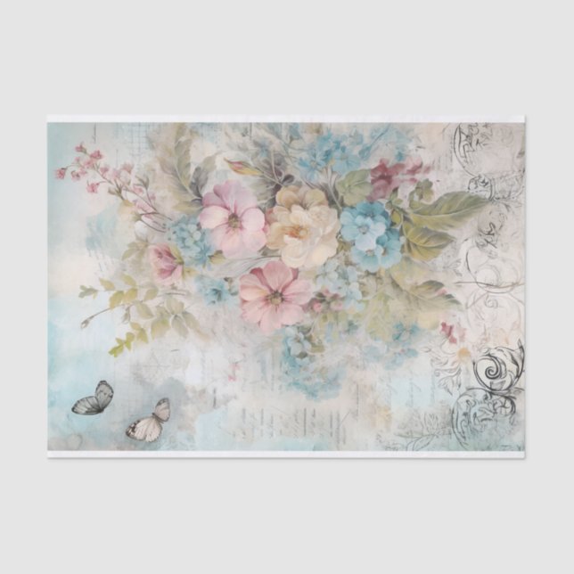 Vintage Mischmedien Blau, Rosa, Weiße Blume Seidenpapier (Vorderseite)