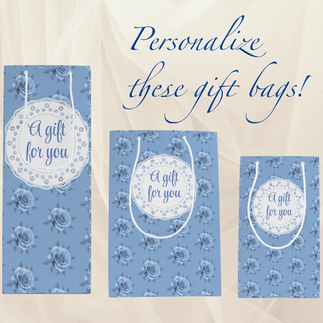 Vintage Misty Blue Roses Personalized Mittlere Geschenktüte (Personalize for a special occasion!)