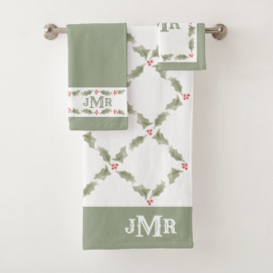 Vintage mit Monogramm Weihnachts-Stechpalme Grün & Badhandtuch Set