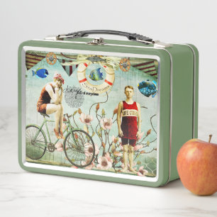 Vintage Mittagspause Alte Zeit Thema Strand-Szene Metall Brotdose