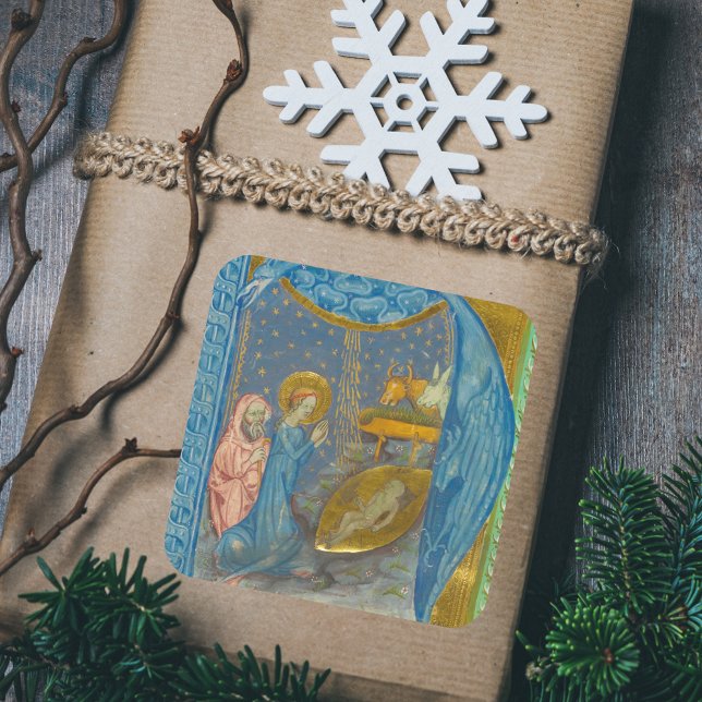 Vintage mittelalterliche religiöse Weihnachtskripp Quadratischer Aufkleber (Vintage Medieval Manuscript Religious Catholic Christian Christmas Nativity Scene Gift Sticker)