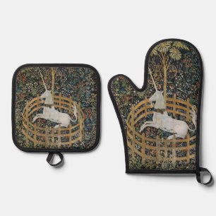 Vintage mittelalterliches Einhorn in Gefangenschaf Ofenhandschuh & Topflappen-Set