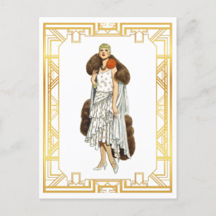 Vintage-Mode Flapper-Pelzcape Abendkleid Postkarte