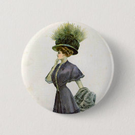 Vintage Mode Illustration Lady Botanischer Hut Button
