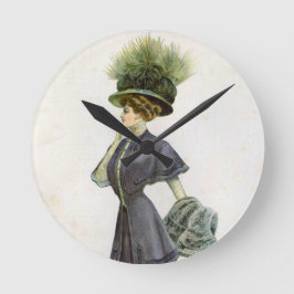 Vintage Mode Illustration Lady Botanischer Hut Runde Wanduhr