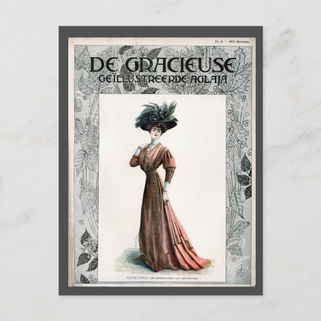 Vintage Mode Illustration Lady Feather Hat Postkarte (Vorderseite)