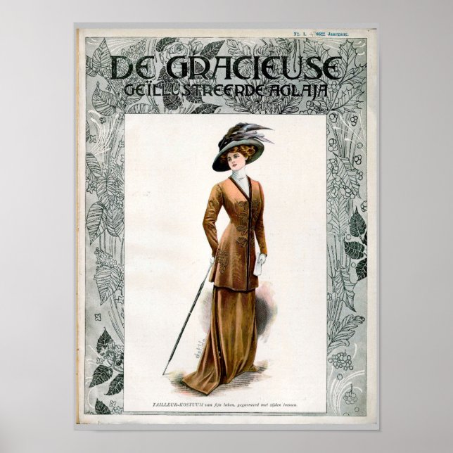 Vintage Mode Illustration Lady in Feather Hat Poster (Vorne)