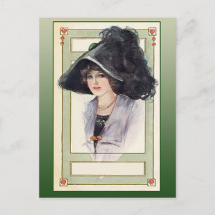 Vintage Modeillustration mit schwarzem Hut Postkarte