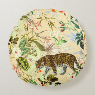 Vintage Moderne Blume Tiger Dschungel Tropisch Rundes Kissen