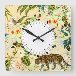 Vintage Moderne Blumen-Jungle Tropisch Quadratische Wanduhr