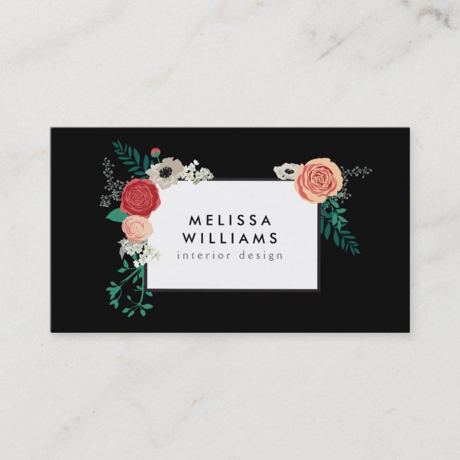Vintage moderne Blumenmotive im Black Designer Visitenkarte (Vorderseite)