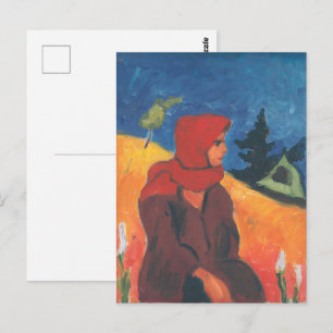 Vintage-modernistisches Dorfmädchen mit rotem Scha Postkarte