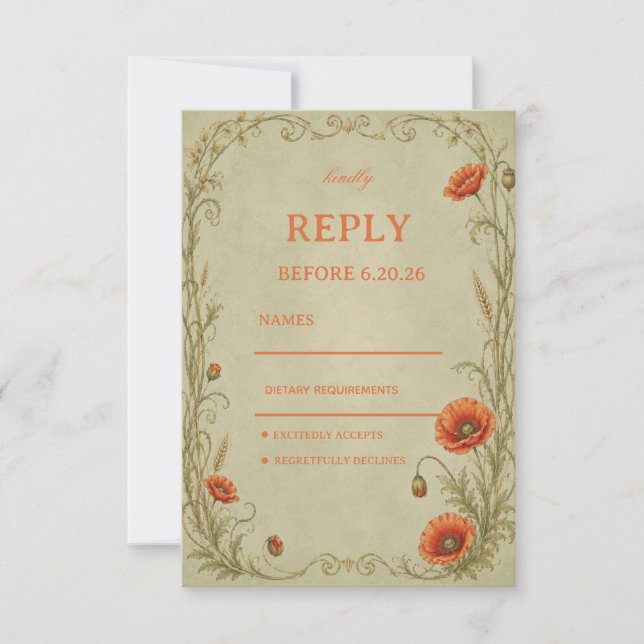 Vintage Mohn Botanical RSVP Karte (Vorderseite)