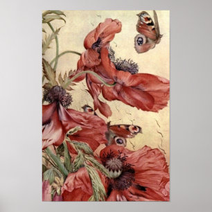 Vintage Mohnblumen und Schmetterlinge Poster