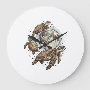 Vintage-Mond-Seeschildkröten-Stich-Shirt-Design_1 Große Wanduhr