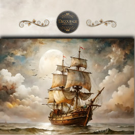 Vintage Mondlicht-Segelschiff-Decoupage Seidenpapier