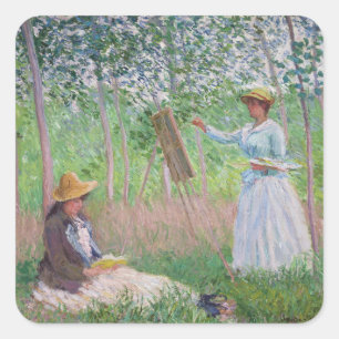 Vintage-Monet-Waldkunst mit gesprenkeltem Sonnenli Quadratischer Aufkleber