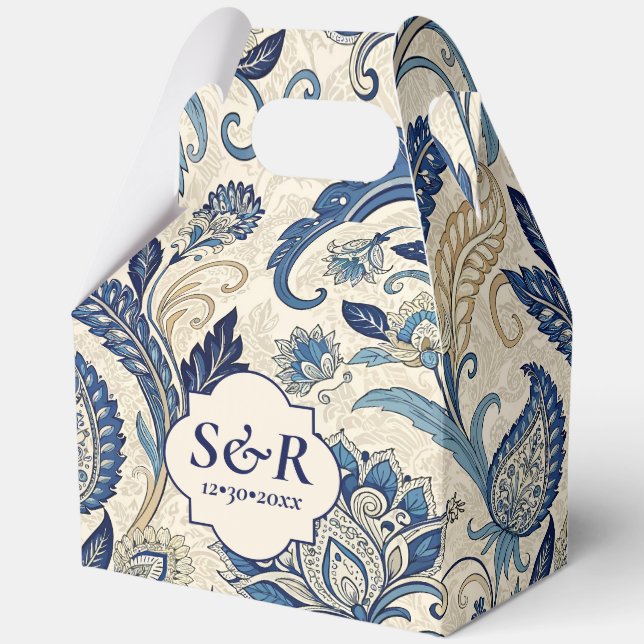 Vintage Monogram Blue Cream Damask Blumenhochzeit Geschenkschachtel (Vorderseite)