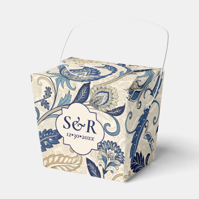 Vintage Monogram Blue Cream Damask Blumenhochzeit Geschenkschachtel (Vorderseite)