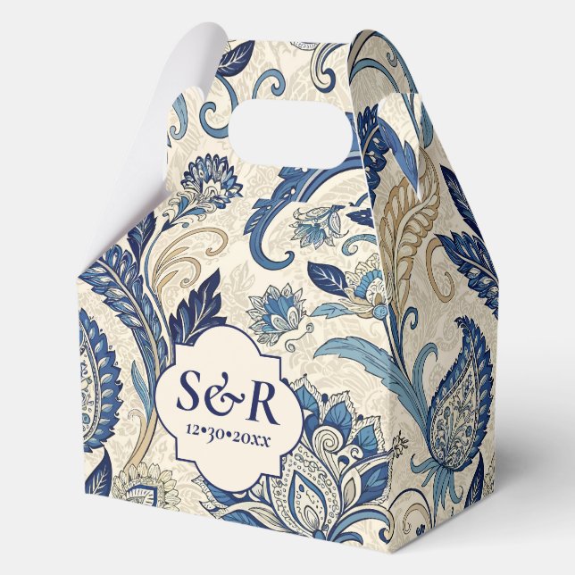 Vintage Monogram Blue Cream Damask Blumenhochzeit Geschenkschachtel (Vorderseite)