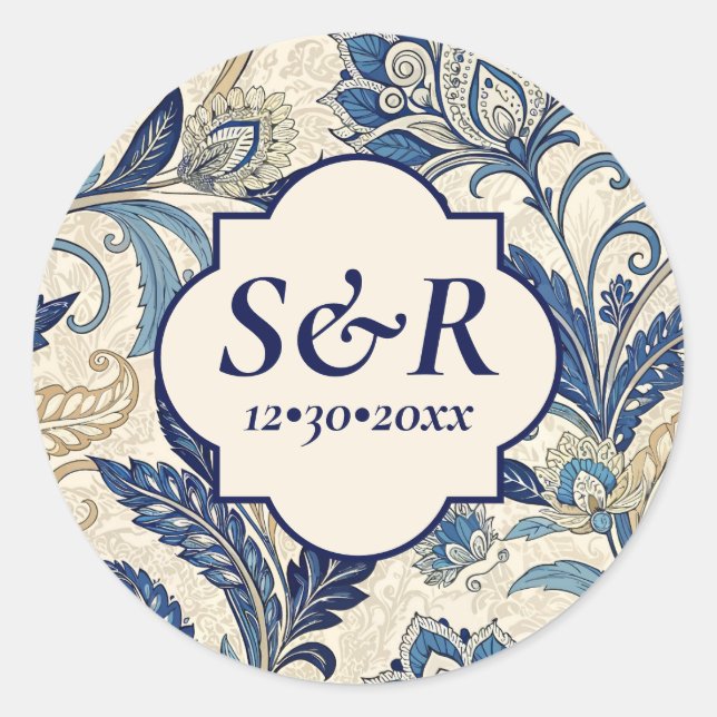 Vintage Monogram Blue Cream Damask Blumenhochzeit Runder Aufkleber (Vorderseite)